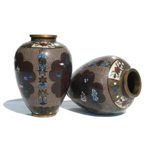 Pair Of Cloisonné Bronze Vases, 1900s, Art Nouveau Decor, Asia, 19th Century, Japan/china Vase