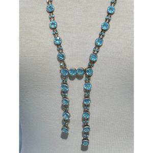 1930s Sautoir Necklace, Silver Metal, Aquamarine Style, Art Deco, Evening Jewelry