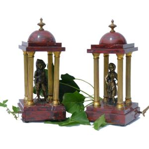 Pair Of Antique Temples, 18th Century Style, Red Marble & Gilt Bronze, 19th Century Tholos, Columns