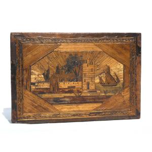 Straw Marquetry Sewing Box, Sailboat Decor, 18th Century Marine Style