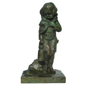 Bronze Sculpture, Child With Sparrow, Poor Pierrot Signed Aristide De Ranieri, Gavroche