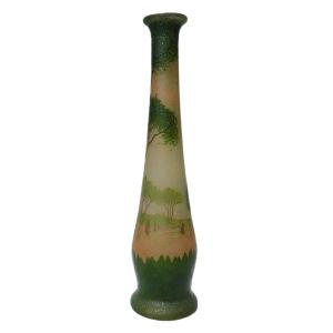 Large Soliflore Vase In Enameled Glass, Lake Decor, Theodore Legras, 19th Century, Sailboats