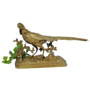 Animal Sculpture, Pheasant, Signed Henri Emile Adrien Trodoux, Bronze Patina