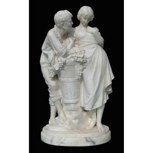 Large Alabaster Sculpture Signed Giuseppe Gambogi, The Happy Harvest, Loving Couple