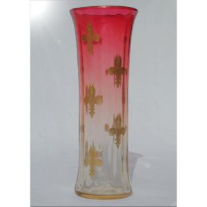 Diabolo Vase In Enamelled Glass, Fleur De Lys Decor, 19th Century, Royalist, Legitimist Legras