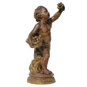 Napoleon III Style Terracotta Sculpture, Cherub / Putto With Flowers 19th Century Joseph d'Asté