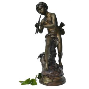 Bronze Charming Love By Kinsburger, 19th Century, Child With Flute, Napoleon III, Sculpture