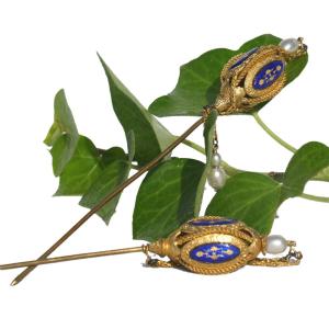 Pair Of Pins Circa 1830, Normandy Jewelry, Folk Costume, 19th Century Shawl / Headdress, Enamel