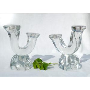 Pair Of Candlesticks, Molded Crystal Candelabras, Signed Daum, 1950, Art Deco Candlesticks