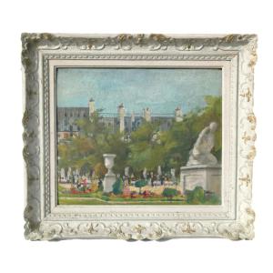 Oil On Cardboard, View Of Paris, Tuileries Garden, Montparnasse Frame 1920 Impressionism