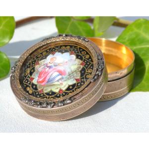 Solid Silver Box, Enamel, 18th Century Style, 19th Century Pillbox, Vermeil, Couple