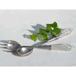 Pair Of Salad Servers, Art Nouveau Period, Wmf, Montjoye / Legras 19th Century, Acid-tone Glass
