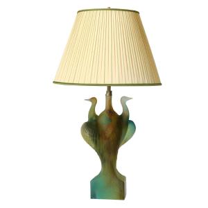 Large Table Lamp, Pate De Cristal, Signed Daum France, Heron Decor, Art Deco, Glass