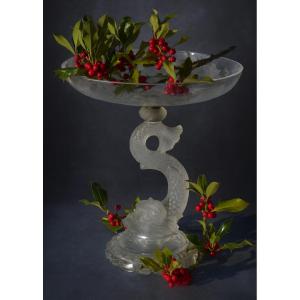 Large Baccarat Crystal Bowl/centerpiece, Dolphin Decoration, 19th Century, Napoleon III
