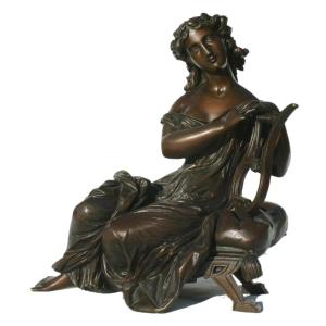 Patinated Bronze Sculpture, Young Woman With Lyre, Sappho, Napoleon III Period, 19th Century