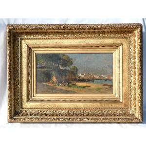 Oil On Canvas, View Of Brittany, 19th Century, Signed Le Sénéchal, Marine Painter, Fisherwomen 