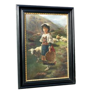 Oil On Canvas, Signed By Eugène Siberdt, Shepherdess In The Mountains, 19th Century, Alps, Tyrol