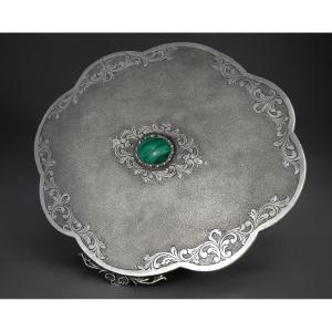 Large Solid Silver Jewelry Box, Napoleon III Style, Malachite Cabochon, Case