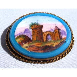 Opaline Glass Brooch, Napoleon III Period, 19th Century Jewelry, Antique Ruins, Romantic