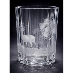Large Baccarat Crystal Glass/vase, Engraved Decoration Of A Stag And Doe, Napoleon III