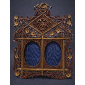 Double View Photo Frame, Carved Wood In The Style Of Gabriel Viardot, Napoleon III 19th Century, China/asia