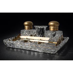 Double Baccarat Crystal Inkwell, Twisted Bamboo, 19th Century, Pen Wiper, Writing Desk Item