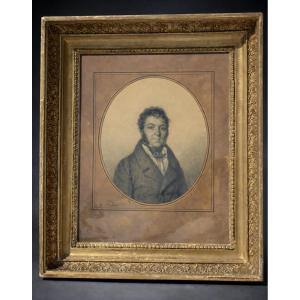 Charcoal Drawing, Circa 1820, Signed Henri Dubois, Portrait Of A Young Man, Gilt Stucco Frame