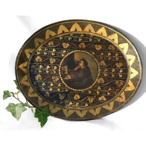 Painted Tin Tray, Charles X Period, Saint Mary Magdalene, 1820, 19th Century, Gilded