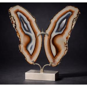 1970 Butterfly Sculpture In Agate, Marble & Brushed Metal, Willy Daro Style, 20th Century