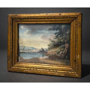 Empire Period Gouache Romantic Landscape Bridge Early 19th Century Marlborough Tower
