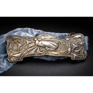 René Lalique Signed Belt Buckle, Art Nouveau Style Peacock, 19th Century Jewelry, 1900 Brooch