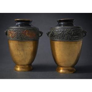 Pair Of Patinated Bronze Vases, China, 19th Century, Asian Object, Vase, Phoenix Decoration