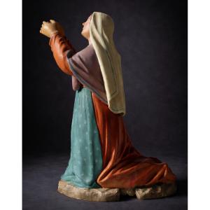 Virgin In Prayer, Polychrome Wood, Devotional Sculpture, Holy Orant, 19th Century, Napoleon III