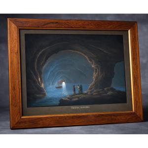 Large Neapolitan Gouache, Souvenir Of The Grand Tour, 19th Century, The Blue Grotto At Capri Volcano, 1820