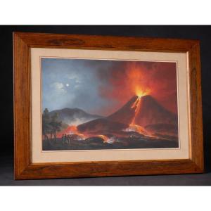 Large Neapolitan Gouache Souvenir Of The Grand Tour, 19th Century, Eruption Of Mount Vesuvius, 1820, Italy