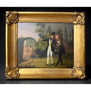 Painting, Gallant Scene, Oil On Copper, Circa 1830, Humorous, French School, Miniature