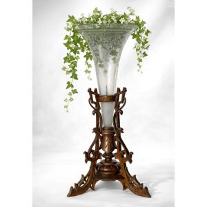 Tulip Pot / Napoleon III Centerpiece, Carved Walnut & Engraved Glass, Black Forest, Bern