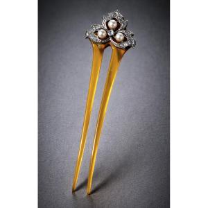 Hair Comb, Circa 1890, Art Nouveau, Belle époque Jewelry, Horn, Rhinestones & Pearls, 19th Century