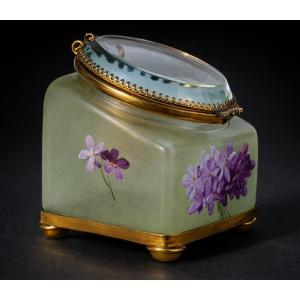 Jewelry Box, 19th Century Watch Holder, Enamel Glass, Violet Decoration, Legras Style, Case