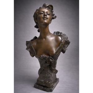 Large Bust Of A Young Woman, Art Nouveau Style, Marble, Bronze Patina, Signed Hypolite Moreau
