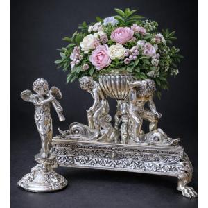 Important Centerpiece/inkwell, Napoleon III Period, Renaissance Style, Silvered Bronze