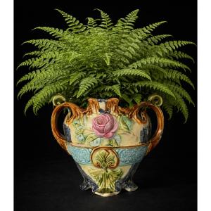 Earthenware Cachepot, Circa 1900, Art Nouveau Style, Onnaing, 19th Century, Northern France, Vase