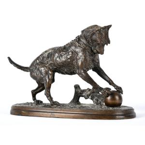 Bronze Animal Sculpture, Dog Playing With A Ball, Signed Arthur Waagen, 19th Century, Napoleon III Period