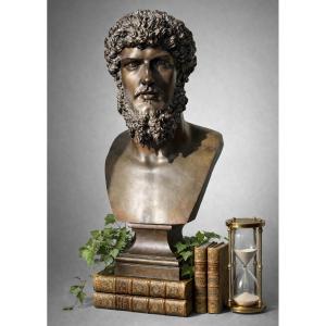 Souvenir Of The Grand Tour, Bronze Bust, Emperor Lucius Verus, 19th Century, Antique 