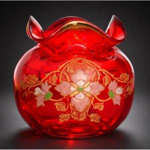 Enamelled Glass Ball Vase, Merovech Model By Theodore Legras, Ruby Red, 19th Century Art Nouveau