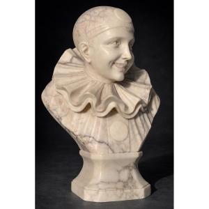 Albaster Bust, Child / Pierrot, 1900, Commedia Dell'arte, Signed Pinerchi, Sculpture 