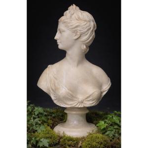 Large Alabaster Bust, Diana The Huntress After Houdon, Mythology, Young Woman 18th Century