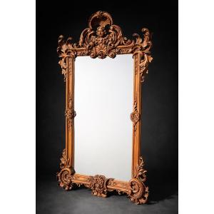 Large Carved Walnut Mirror, 18th Century Baroque Style, Cherub, Napoleon III Angel 