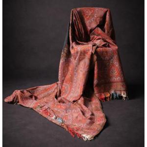 Large Cashmere Shawl , Napoleon III Period , Plaid , Violet , Red , Pink , Blue XIXth , Stole