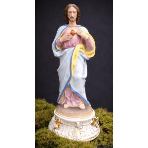 Large Polychrome Biscuit Subject , Jesus , Sacred Heart 19th Century , Religious Subject Napoleon III